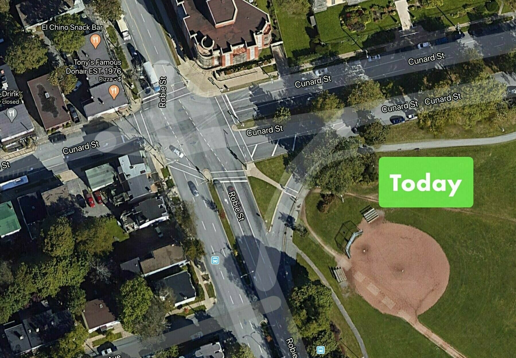 A satellite view of the area showing the oversized intersection