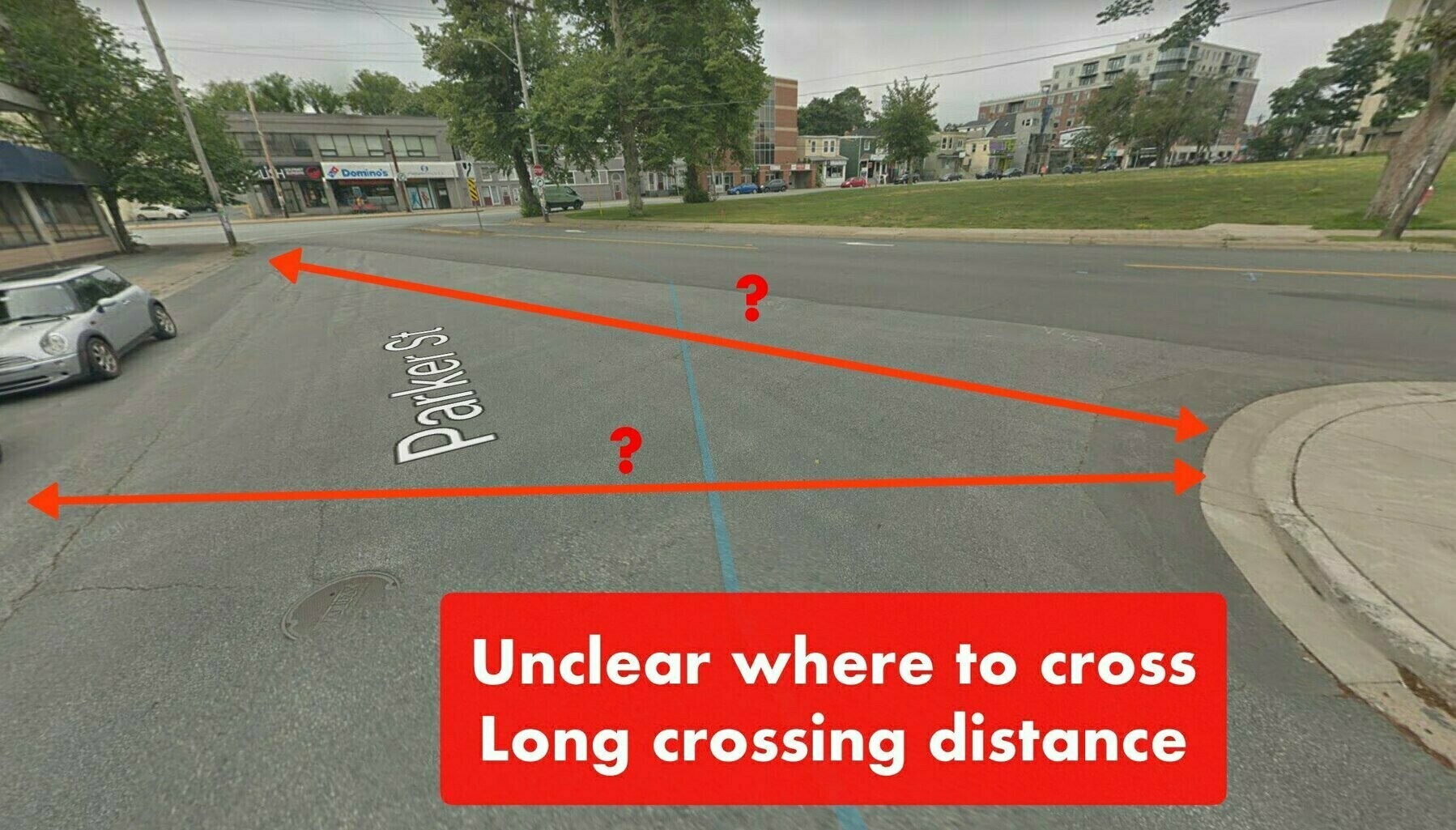A Google Maps view of the intersection showing multiple options of how to cross with arrows pointing out the long crossing distance